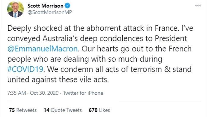 Postingan PM Australia di Twitter: 'Ini adalah tindakan barbarisme yang paling kejam dan pengecut dan kejam oleh seorang teroris, dan harus dikutuk dengan cara yang sekuat mungkin'. (DAILY MAIL)