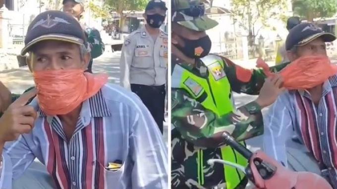 pria gunakan plastik untuk masker