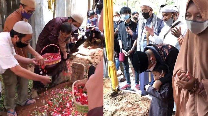 Momen haru anak almarhum Maaher At-Thuwailibi berdoa dan tabur bunga di makam ayahnya.