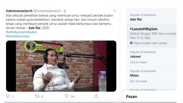 Ade Rai dalam Podcast Deddy Corbuzier. Ia banyak memberikan wejangan tentang gaya hidup sehat sekaligus maknanya.
