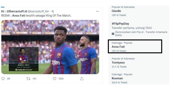 Ansu Fati trending usai mencetak gol ke gawang Levante padahal hanya 10 menit tampil sebagai pemain pengganti. Ansu Fati juga terpilih sebagai King Of The Match atau bintang pertandingan.