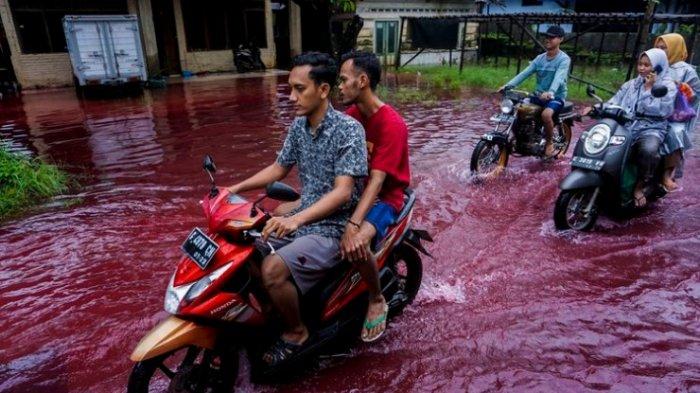 engendara motor melintas di jalan perkampungan yang tergenang banjir berwarna merah di Jenggot, Pekalongan, Jawa Tengah, Sabtu (6/2/2021). Menurut warga setempat, air banjir berwarna merah itu disebabkan oleh pencemaran limbah pewarna batik berwarna merah karena di lokasi tersebut terdapat ratusan pelaku usaha batik.