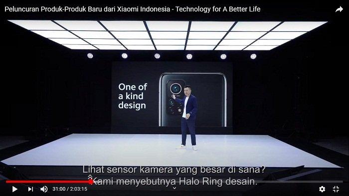 Tangkapan layar - Country Director Xiaomi Indonesia Alvin Tse Alvin menjelaskan salah keunggulan Xiaomi Mi 10T Series, yakni Halo Ring desain, saat peluncuran virtual duo ponsel ini di kanal Youtube Xiaomi Indonesia, Selasa (8/12/2020) malam.