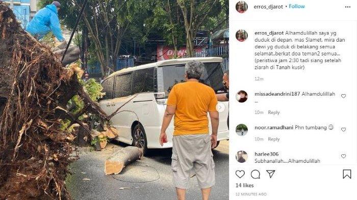 Hujan disertai angin kencang di Tanah Kusir, Kebayoran Lama, Jakarta Selatan, Minggu (11/4/2021) siang, membuat pohon besar rubuh dan menimpa kendaraan milik Eros Djarot.
