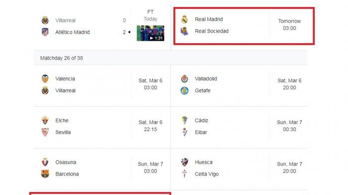 Jadwal Liga Spanyol hari ini dan Minggu depan. Hari ini hanya partai Real Madrid vs Real Sociedad, pekan depan derby Real Madrid vs Atletico Madrid.