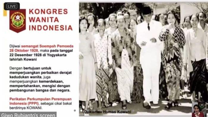 Presiden pertama RI, Soekarno, menghadiri acara pertama Kowani yang terbentuk dua bulan setelah Sumpah Pemuda 1928