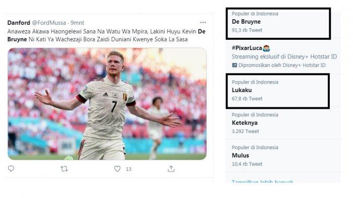 De Bruyne dan Lukaku trending topic setelah Belgia kalahkan Denmark dan lolos babak 16 besar Euro 2020. De Bruyne sebagai penentu kemenangan, Lukaku karena tampil menawan