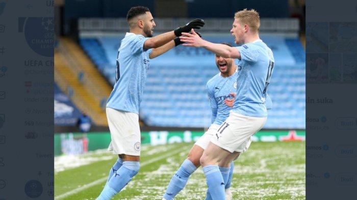 Riyad Mahrez dan Kevin De Bruyne rayakan gol ke gawang PSG. Hasil babak pertama Manchester City vs PSG 1-0, agregat 3-1, PSG kian berat lolos ke final Liga Champions