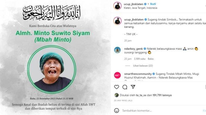 Tangkapan layar dari akun Instagram @ucup_jbsklaten, ucapan duka cita dari Ucup Klaten atas meninggalnya Youtuber Mbah Minto pada Rabu (22/12/2021) malam.