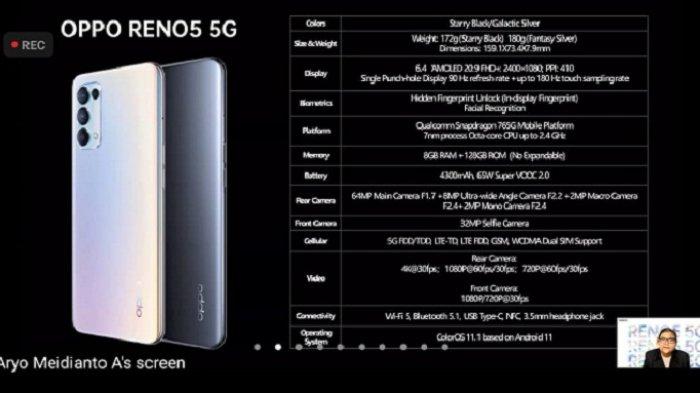 Oppo Reno5 5G. PR Manager Oppo Indonesia Aryo Meidianto menjelaskan spesifikasi OPPO Reno5 5G saat konferensi pers virtual OPPO Reno5 5G.