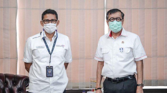 Menteri Pariwisata dan Ekonomi Kreatif (Menparekraf) Republik Indonesia, Sandiaga Uno melakukan pertemuan dengan Menteri Hukum dan Hak Asasi Manusia (Menkumham) Republik Indonesia, Yasonna Laoly di Kantor Kemenkumham, Setiabudi, Jakarta Selatan pada Senin (8/2/2021).