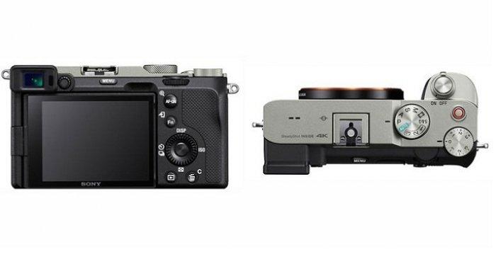 Tampak belakang dan panel atas dari Sony A7C (Sony Alpha A7C). Layar sentuh 3 inci di punggung bisa diputar dengan engsel articulated sehingga menghadap ke depan.
