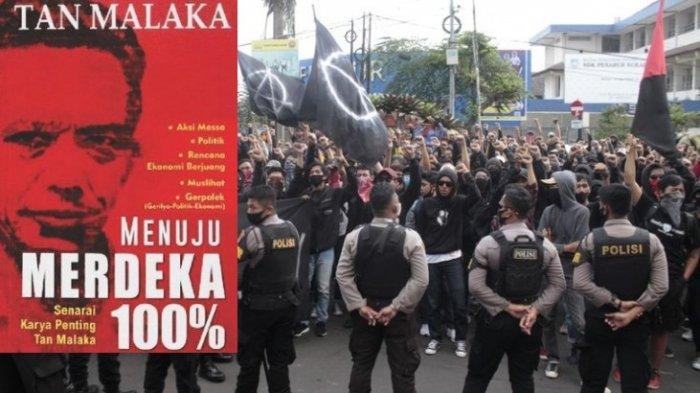Ilustrasi kelompok massa beratribut serba hitam pada aksi demonstrasi menolak Omnibus Law dihadang polisi, Rabu (7/10/2020). Di Banten, buku Tan Malaka jadi barang bukti dari pendemo yang tertangkap