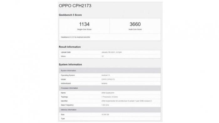 Tangkapan layar skor benchmark Geekbench Oppo Find X3 dengan nomor model CPH2173