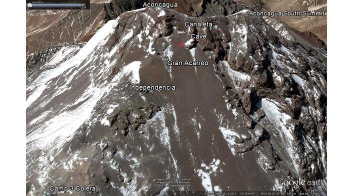 Tampilan di Google Earth tempat Max jatuh dalam perjalanan turun dari Puncak Aconcagua.