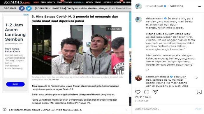 Gubernur Jawa Barat Ridwan Kamil mengomentari soal pemuda nangis seusai terciduk menghina Satgas Covid-19.