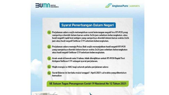 Surat Edaran (SE) Satgas Covid-19 No 12 Tahun 2021 terkait syarat penerbangan dalam negeri per tanggal 1 April 2021.