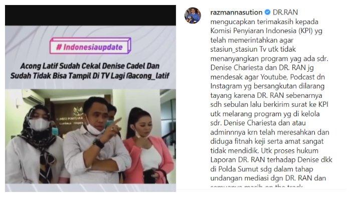 Tangkapan layar unggahan akun Instagram Razman Nasution, Minggu (20/8/2022). Razman Nasution mengunggah video Acong Latif seusai melaporkan Denise Chariesta ke KPI.