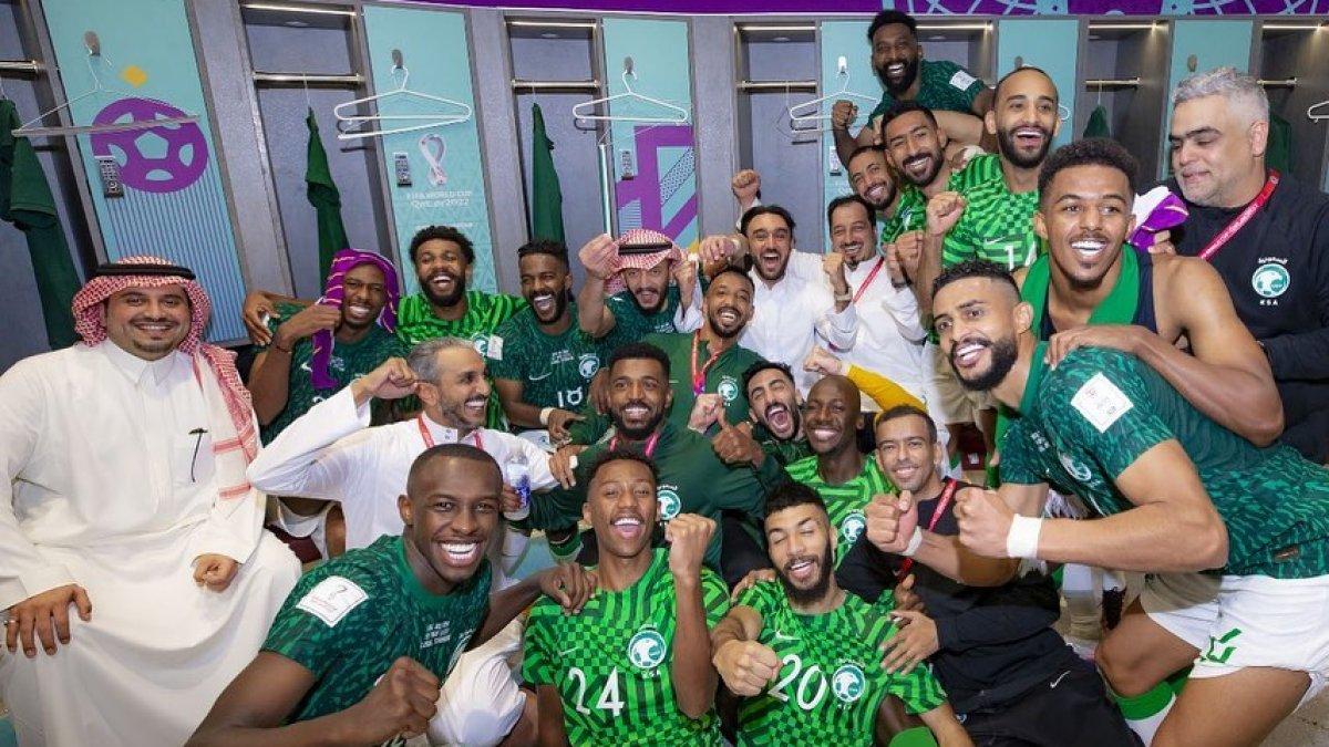 Potret timnas Arab Saudi merayakan kemenangan atas Argentina di Piala Dunia 2022 Qatar, Selasa (22/11/2022).