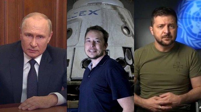 Dari kiri ke kanan: Presiden Rusia Vladimir Putin, Bos Tesla Elon Musk, dan Presiden Ukraina Volodymyr Zelensky. Cuitan Elon Musk soal solusi damai Rusia-Ukraina menerima reaksi beragam.