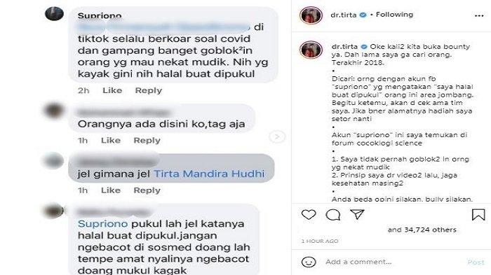 Influencer sekaligus tenaga kesehatan dr. Tirta Mandira Hudhi menggelar sayembara berhadiah total Rp 40 juta untuk mencari seorang warganet. Diunggah di akun Instagram/@dr.tirta, Jumat (30/4/2021).