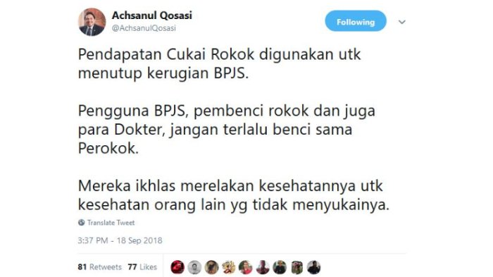 Unggahan Achsanul Qosasi pada Twitter, Selasa (18/9/2018).