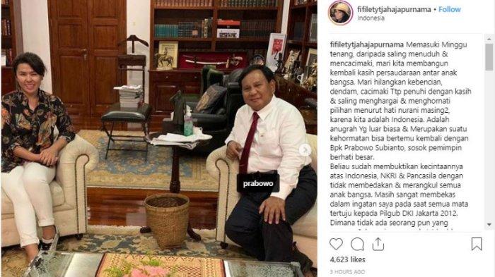 Adik Ahok, Fifi Lety, bertemu dengan Prabowo Subianto, pada Senin (15/4/2019). (Instagram @fifiletytjahajapurnama)
