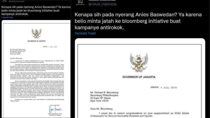 Unggahan @rokok_indonesia menudiang Anies minta dana ke Bloomberg buat nyapres