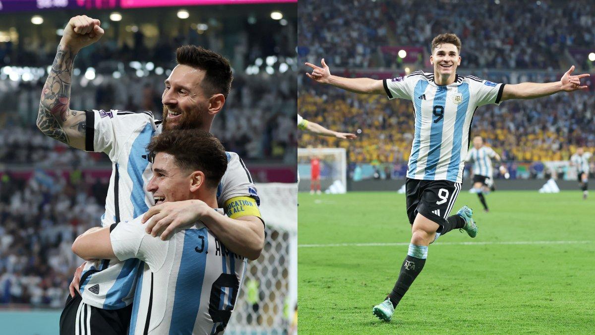 Kolase foto cuplikan pemain Timnas Argentina yang merayakan golnya saat melawan Australia di babak 16 besar Piala Dunia 2022, Minggu (4/12/2022).