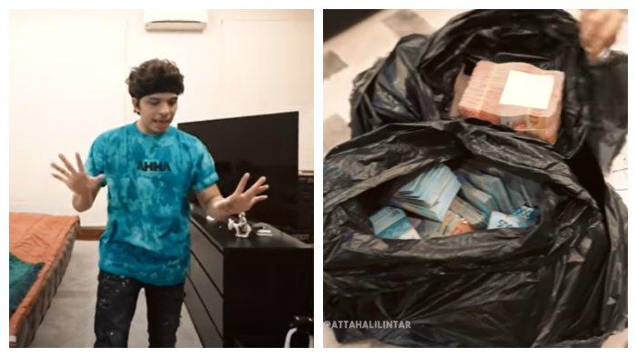 Atta Halilintar syok mendapat uang dua karung yang dibungkus plastik sampah, Sabtu (27/3/2021).