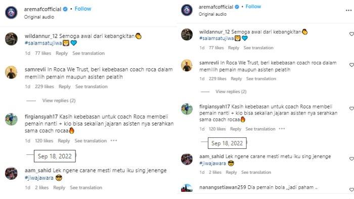Aremania minta manajemen Arema FC beri kebebasan untuk Javier Roca dalam memillih asisten pelatih dan komposisi pemain. (Instagram @aremafcofficial)