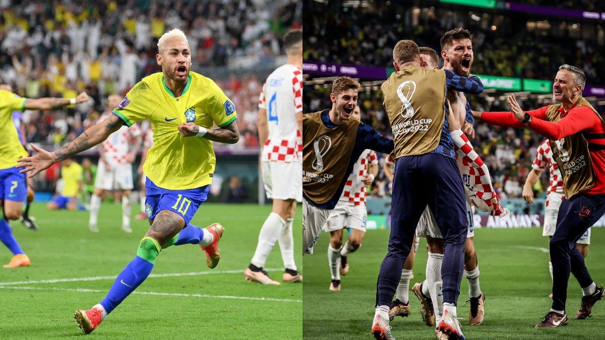 Kolase foto selebrasi Neymar (kiri) dan aksi Bruno Petkovic (kanan) saat membalas gol Brasil di babak extra time, Jumat (9/12/2022).
