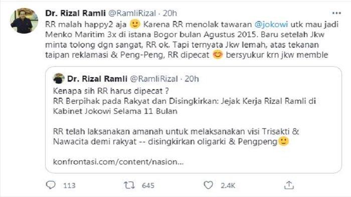 Cuitan Rizal Ramli soal pemecatan dirinya dari posisi Menko Maritim, dicuitkan Rabu (3/3/2021).