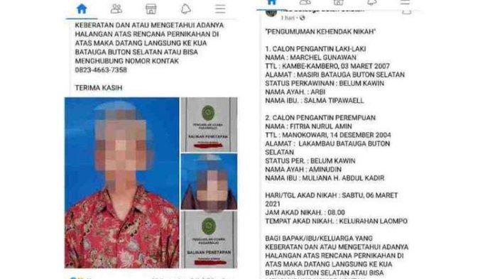 Dua orang anak dibawah umur, MG (14) dan FN (16) yang berencana akan melangsung pernikahan Sabtu (6/3/2021) di Kelurahan Laompo, Kecamatan Batauga, Kabupaten Buton Selatan, Sulawesi Tenggara, viral di media sosial, Kamis (4/3/2021).