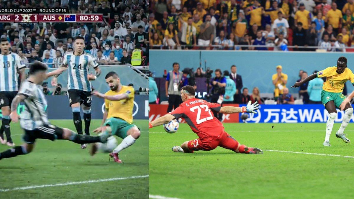 Kolase aksi Lisandro Martinez (kiri) dan Emiliano Martinez (kanan) saat jatuh bangun menjaga gawang Argentina dari kebobolan saat melawan Australia di Piala Dunia 2022, Minggu (4/12/2022).