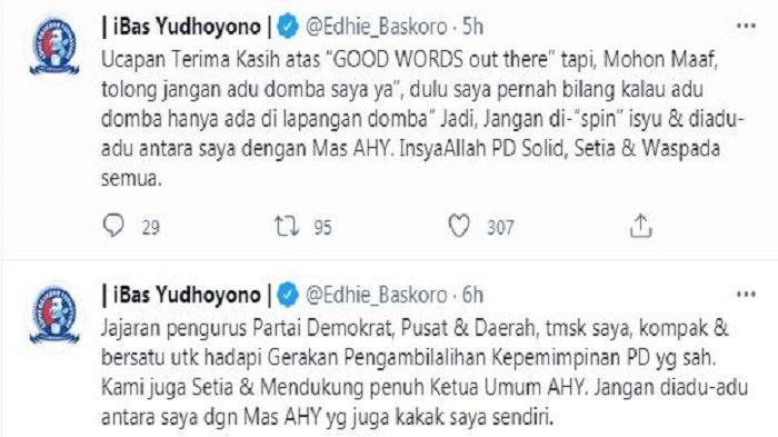 Edhie Baskoro Yudhoyono atau akrab disapa Ibas akhirnya buka suara soal pembicaraan mengenai dirinya yang didukung untuk menjadi Sekjen Partai Demokrat bersama Kepala KSP Moeldoko sebagai Ketum Demokrat, Ibas menegaskan dirinya tetap akan setia kepada sang kakak yakni Agus Harimurti Yudhoyono (AHY) yang saat ini menjabat sebagai ketum partai. Sabtu (27/2/2021).