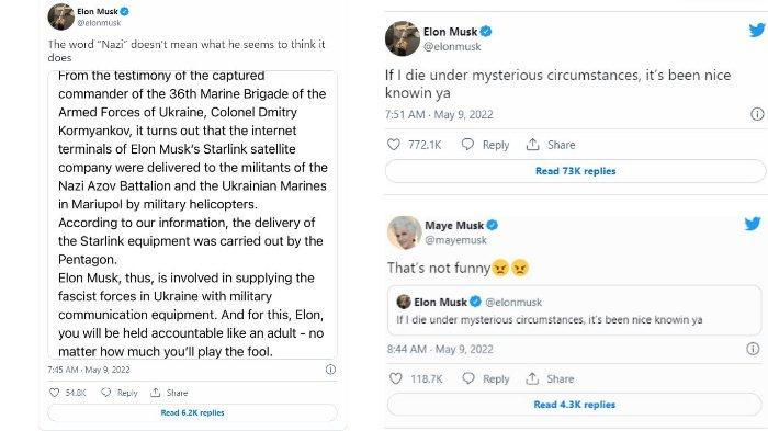 Kolase utasan Elon Musk menyebut mengenai kematian tak wajar yang mungkin akan dialaminya, Senin (9/5/2022). Elon Musk mengaku mendapat ancaman dari petinggi Rusia akibat bantuannya pada Ukraina.