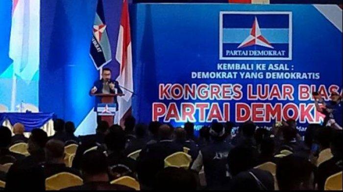 Ketua Umum Partai Demokrat versi KLB Sumut, Moeldoko memberikan pidato perdana di arena Kongres Luar Biasa (KLB) di The Hill Hotel, Sibolangit, Kabupaten Deliserdang, Jumat (5/3/2021) malam.