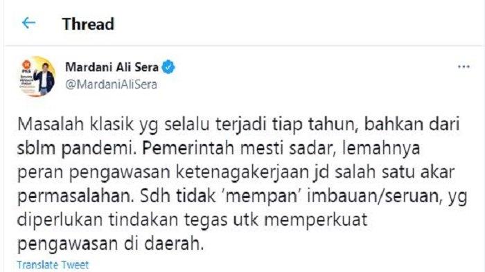 Cuitan politisi PKS Mardani Ali Sera lewat Twitter/@MardaniAliSera tentang polemik tunjangan hari raya (THR).