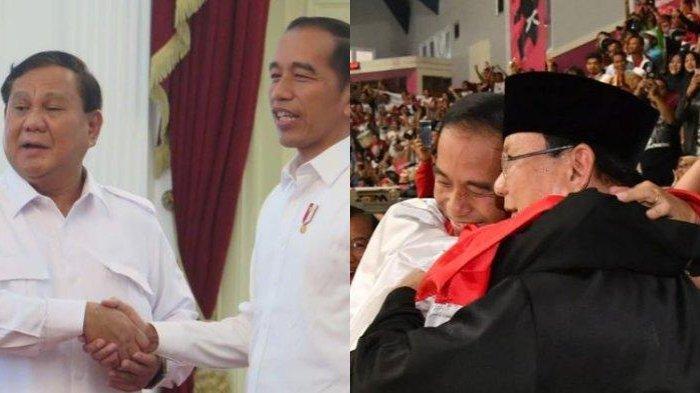 Foto kiri: Presiden Joko Widodo bertemu Ketua Umum Partai Gerindra Prabowo Subianto, di Istana Kepresidenan, Jakarta, Jumat (11/10/2019). Foto kanan: Presiden Joko Widodo dan Ketua Umum PB IPSI Prabowo Subianto bersama-sama memeluk atlet pencak silat putra Indonesia Hanifan Yudani Kusuma di Padepokan Pencak Silat, Taman Mini Indonesia Indah, Jakarta, Rabu (29/8/2018).