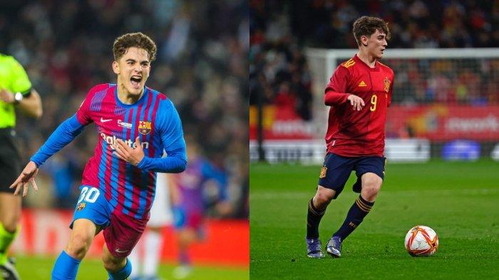 Kolase Gavi saat berseragam Barcelona (kiri) dan Timnas Spanyol (kanan).