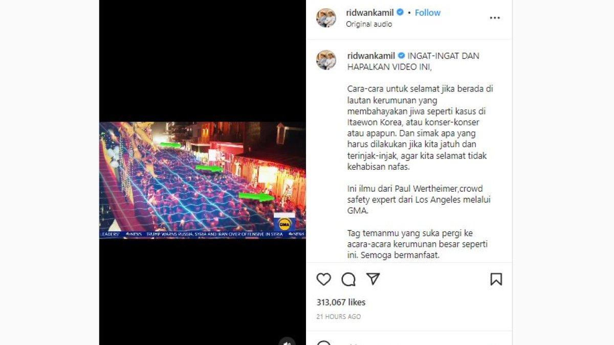 Gubernur Jawa Barat Ridwan Kamil membagikan video berisi cara menyelamatkan diri dari desakan kerumunan yang mematikan, Sabtu (5/11/2022).