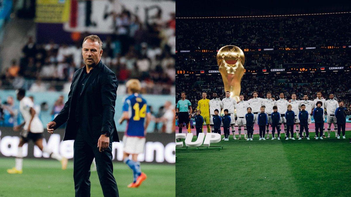 Kolase foto pelatih Timnas Jerman, Hansi Flick (kiri) dan skuad Tim Panser di Piala Dunia 2022 (kanan).