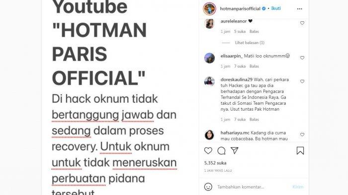 Unggahan Hotman Paris yang mengabarkan akun YouTube miliknya diretas oleh oknum tak bertanggungjawab, Minggu (24/10/2021).