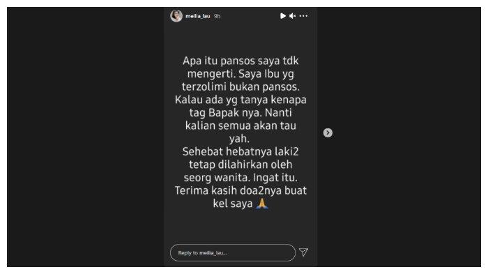 Instastory yang dibuat pada Minggu (7/3/2021), Meilia Lau lagi-lagi angkat bicara