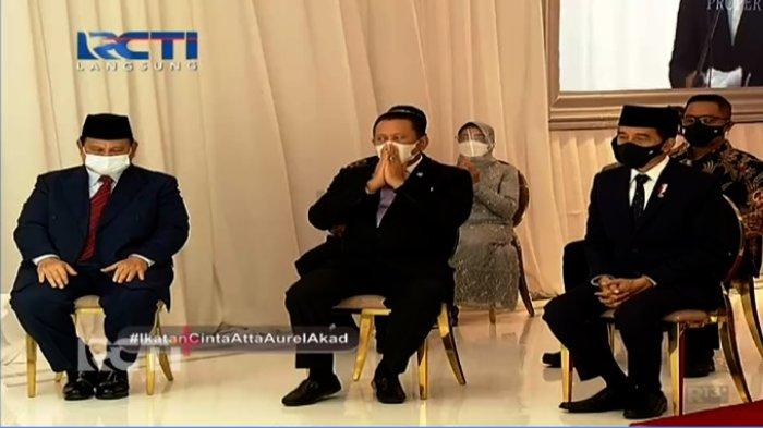 Presiden Joko Widodo (Jokowi), Menteri Pertahanan Prabowo Subianto, dan Ketua MPR Bambang Soesatyo di pernikahan Atta Halilintar dan Aurel Hermansyah, Sabtu (3/4/2021)