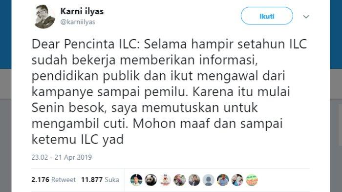 Karni Ilyas juga mengucapkan permintaan maaf soal alasan tidak tayangnya program ILC di masa cuti pasca-pemilu.