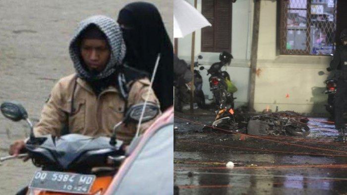 Lokasi dan kendaraan roda dua yang digunakan 2 pelaku (kiri) bom bunuh diri di depan pagar Gereja Katedral, Jalan Kajaolalido, Kecamatan Ujung Pandang, Kota Makassar, Sulawesi Selatan, Minggu (28/3/2021) malam.