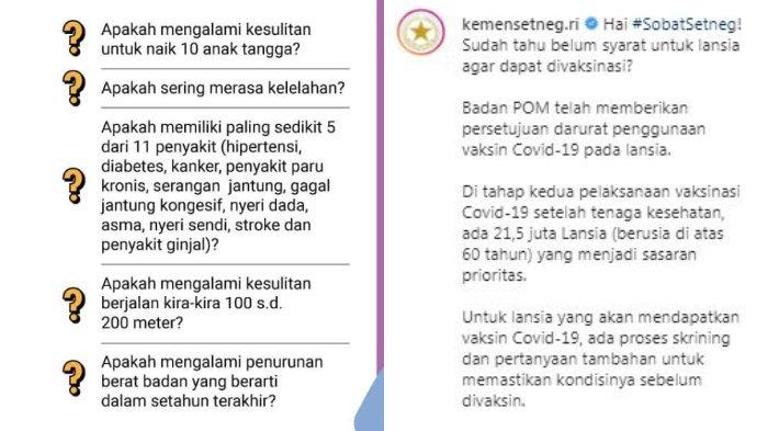 Kementerian Sekretariat Negara RI mengunggah seputar syarat lansia di atas 60 tahun yang akan menerima suntikan vaksin Covid-19, Jumat (19/2/2021).