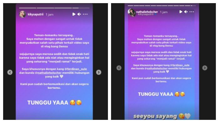 Tangkapan layar Kiky Saputri mengunggah tulisan di instastory dan di repost oleh Nathalie Holscher